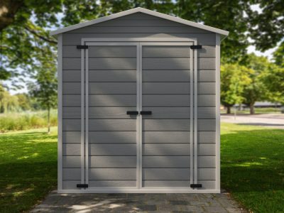 Gardening tools storage shed in the house backyard on green trees background. 3d illustration